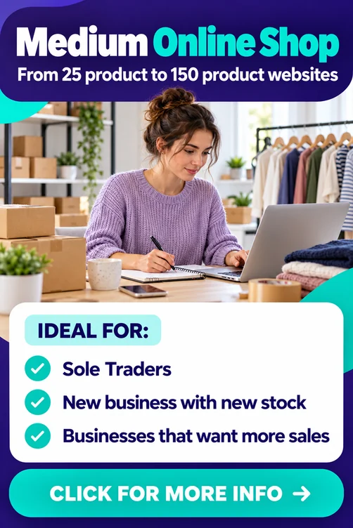 Medium online shop 25150 products for sole traders new businesses with new stock and businesses seeking more sales View details