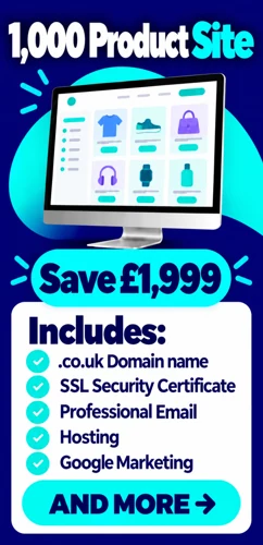 1000 product ecommerce website package advertising a £1999 saving with domain SSL email hosting and Google Marketing listed