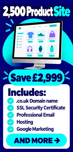 2500 product ecommerce website package advertising a £2999 saving with domain SSL email hosting and Google Marketing listed