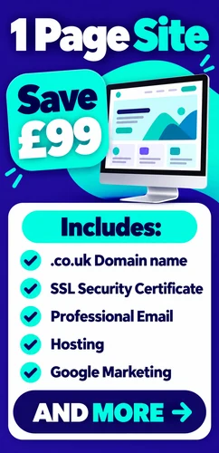 1 page website package advertising a £99 saving with domain SSL email hosting and Google Marketing listed