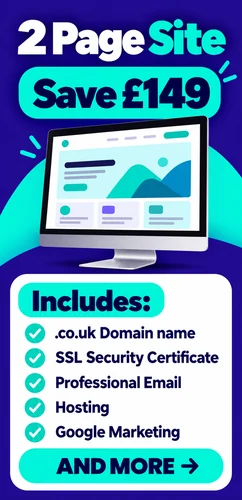 2 page website package advertising a £149 saving with domain SSL email hosting and Google Marketing listed