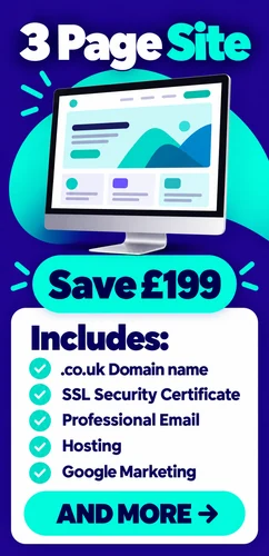 3 page website package advertising a £199 saving with domain SSL email hosting and Google Marketing listed