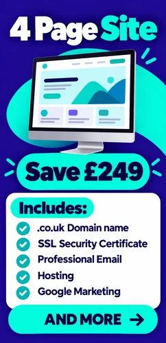 4 page website package advertising a £249 saving with domain SSL email hosting and Google Marketing listed