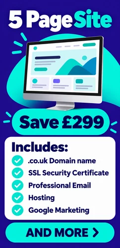 5 page website package advertising a £299 saving with domain SSL email hosting and Google Marketing listed