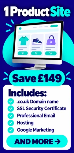 1 product ecommerce website package advertising a £149 saving with domain SSL email hosting and Google Marketing listed