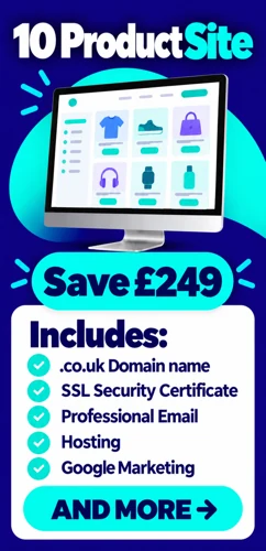 10 product ecommerce website package advertising a £249 saving with domain SSL email hosting and Google Marketing listed