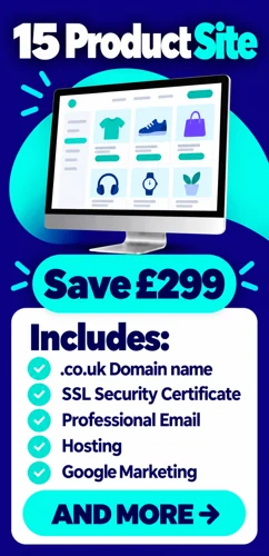 15 product ecommerce website package advertising a £299 saving with domain SSL email hosting and Google Marketing listed