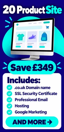 20 product ecommerce website package advertising a £349 saving with domain SSL email hosting and Google Marketing listed