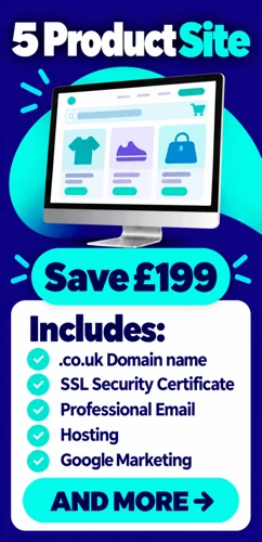 5 product ecommerce website package advertising a £199 saving with domain SSL email hosting and Google Marketing listed
